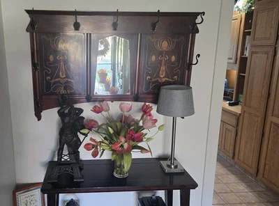 Antique English Marquetry Inlaid Art Nouveau Mahogany Wall Mounted Mirrored Coat - Image 1 of 4