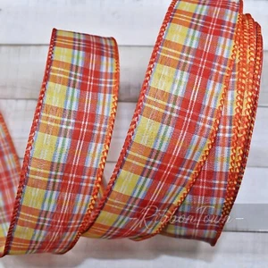 Orange Yellow Blue Green White Plaid Wired Ribbon 1.5"W x 5 Yards - Picture 1 of 1