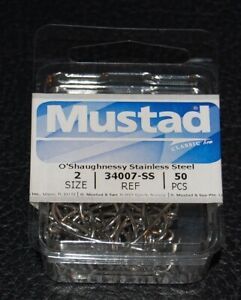 50 Mustad 34007SS-02 Size 2 Saltwater Stainless Steel O'Shaughnessy Hooks