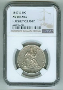 U.S. 1849-O SEATED LIBERTY SILVER HALF DOLLAR NGC AU DETAILS HARSHLY CLEANED - Picture 1 of 2