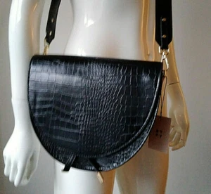 Mock Croc Print Faux Leather 'Saddle Bag' Shoulder Strap Handbag Black/ Pink £45 - Picture 1 of 12