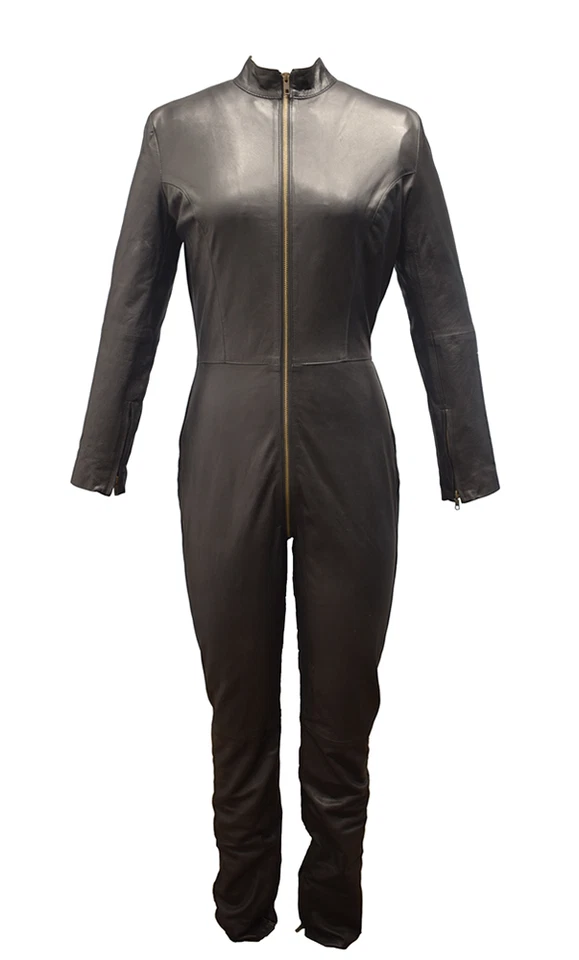Genuine Sheepskin Leather Catsuit - Women's Soft Black Overall Bodysuit Jumpsuit - Image 1 of 4