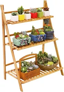 New-Bamboo Ladder Plant Stand 3 Tier Foldable Flower Pot Display Shelf Rac - Picture 1 of 6