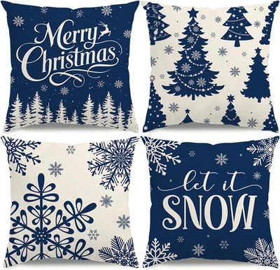 Christmas Pillow Covers 18X18 Blue Christmas Decorations Reindeer Xmas Tree Thro - Image 1 of 4