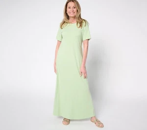 Denim & Co. Beach Petite Printed Jersey Short Slv Maxi Dress Fresh Sage L New - Picture 1 of 1