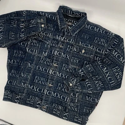 Vtg FUBU Mens Size 3XL Blue Denim Jacket All Over Print MCMXCII Jeans Collection - Image 1 of 4
