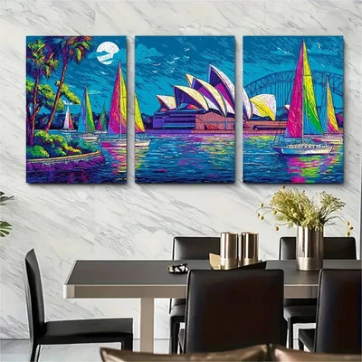 3pcs Sydney Opera House Fauvist Harbour Scene Wall Art Canvas Unframed/Framed - Image 1 of 4