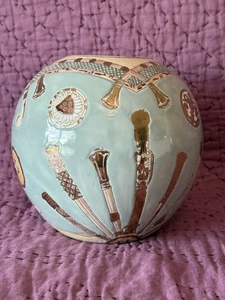 Vintage Toyo Round 7" Vase Sword & Crest Aqua/Peach/Teal with Gold trim - Picture 1 of 15