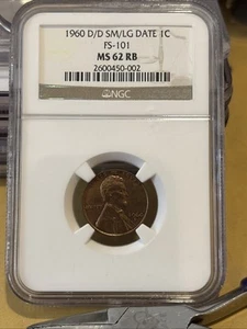 1960 D/D 1C Lincoln Cent Error Coin NGC DDO FS-101 Sm/Lg Date (FS-025.5) MS62RB - Picture 1 of 9