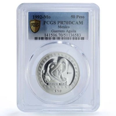 Moneda de plata México 50 pesos Guerrero Águila Precolombina Azteca PR70 PCGS 1992 Foto 1 de 2