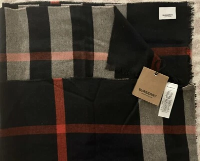 NUEVO CON ETIQUETAS BURBERRY Negro Blanco Beige Rojo 51% Lana de Oveja 49% Seda Morera Bufanda 180x70cm Foto 1 de 3