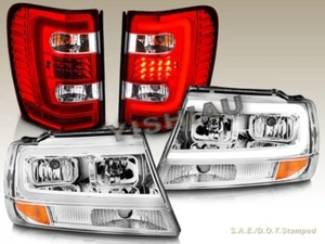 FITS FOR 1999-2004 Jeep Grand Cherokee Headlights Chrome + LED Red Tail Lights - Bild 1 von 9