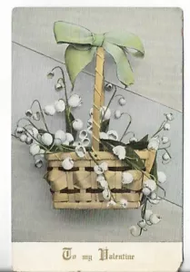Vtg Postcard - To My Valentine - Basket of Lilly of the Valley Flowers w/Bow - Picture 1 of 2