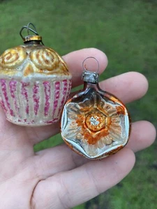 Lot of 2 VTG Small Ornament Poland Cupcake Orange Indent Mercury Glass - Picture 1 of 6