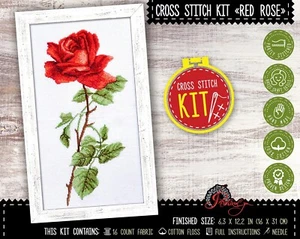 Red rose cross stitch kit Flower embroidery craft kit for adults Counted Pattern - Picture 1 of 11