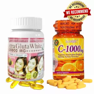 2er Set Supreme Gluta weißes Glutathion Softgel + akorbisches Vitamin C Antioxidans 4 Stück - Bild 1 von 9