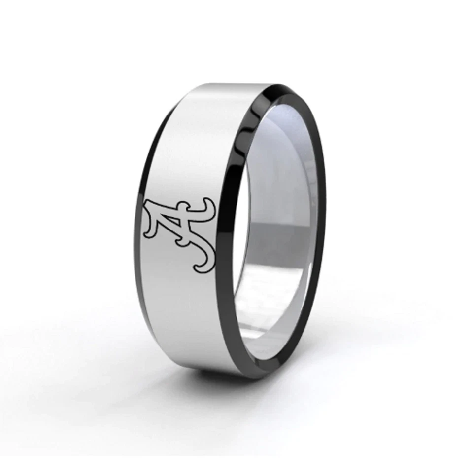 Alabama Crimson Tide Ring Silver/Black Titanium  Engraved Adult Size: 6, NCAA - Image 1 of 1