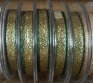 20m Roll of 10mm 0.4" Berisfords Razzle Ribbon Gold Green Edge Lurex Christmas - Picture 1 of 4