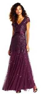 Adrianna Papell Long Beaded VNeck Dress w/ Cap Sleeves and Waistband (Cassis, 2) - Picture 1 of 13