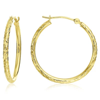 14K Real Solid Gold 1" Large X Diamond-Cut Hoop Earrings Lightweight Large Hoops - Image 1 of 4