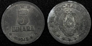 Yugoslavia Zinc 1945 5 Dinara WWII Issue 26.5mm 1 Year Type UNC KM# 28 (24 521) - Picture 1 of 3