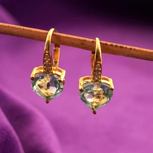 Aquamarine Dangle Earrings Moissanite earrings Gold Plated 925 Silver Earrings - Picture 1 of 5