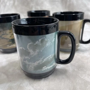 4 Vintage 80s Thermo-Serv Coffee Mugs made in USA Cabin Mill Print Currier Ives - Picture 1 of 9