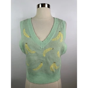 Y2K Banana Print V-neck Sleeveless Womens Knit Pullover Vest XL Junior - Picture 1 of 8