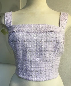 GUESS Metallic Tweed Korsett Crop Top verstellbare Träger Zip Rücken gefüttert Lila S - Bild 1 von 9