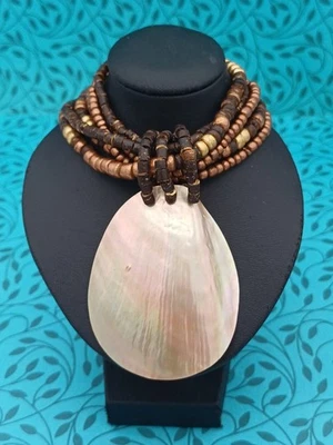 Stunning Layered Ethnic Mother Of Pearl Pendant And Wooden Beaded Necklace - Image 1 of 4