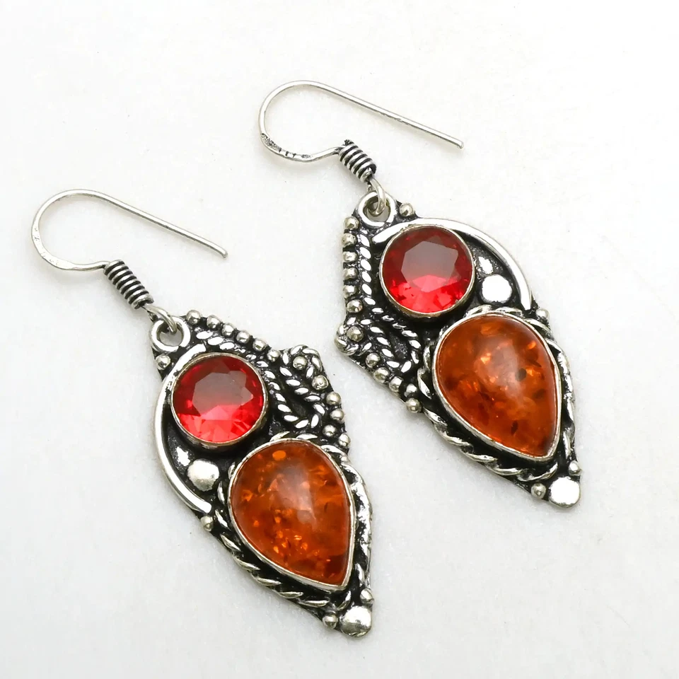 Pendientes colgantes ámbar granate piedras preciosas hechos a mano joyería regalo 1,8" AE-91354 Foto 1 de 1