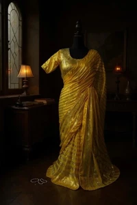 Beautiful yellow Sequins Saree With The Unstitched Blouse Partywear - Picture 1 of 4