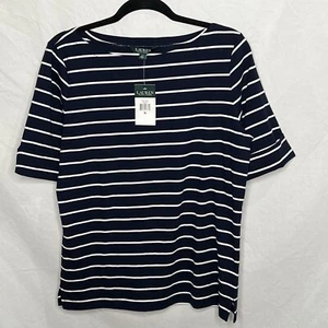 NWT Lauren Ralph Lauren Women’s XL Blue White Stripe Short Sleeve Shirt Cotton - Picture 1 of 10