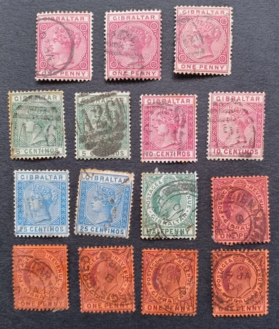 GIBRALTAR - 15 USED STAMPS - QV STERLING & CENTIMOS PLUS KEVII STERLING Cover