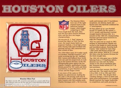 HOUSTON OILERS ~ Willabee & Ward NFL GOLDEN AGE FOOTBALL PATCH & INFO STAT CARD - Image 1 of 2