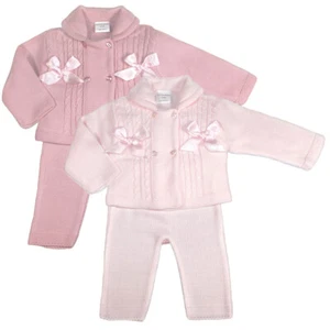 Baby Girl Jacket Knitted Outfit Set Trousers Pram Suit BOWS Pink - Picture 1 of 13