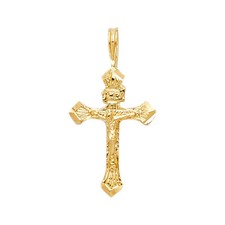 14k Yellow Real Gold Religious Cross Jesus Crucifix Charm Pendant Free Chain