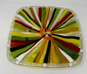 MCM style Fused Glass  Large Multicolored Tray / Hanging Wall Art / Bowl Signed - Picture 1 of 16