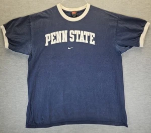 Vintage 90s Nike Penn State Ringer Tshirt Sz L Blue Spellout Nike Center Swoosh - Picture 1 of 20