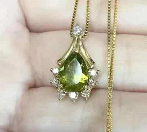 2Ct Pear Cut Lab Created Peridot Women's Pendant 14K Yellow Gold Plated Silver - Picture 1 of 4