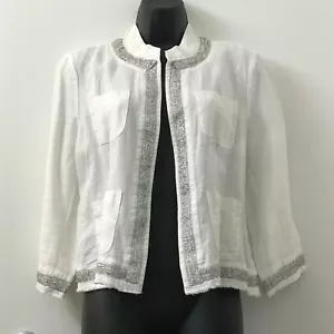 Chico's White 100% Linen Jacket Sz 1 embellished with silver tonel beads NEW - Picture 1 of 18