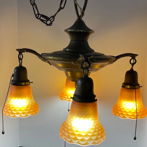 Antique 4 Drop Nuart Carnival Glass Chandelier Hanging Light Fixture Circa 1910 Cover