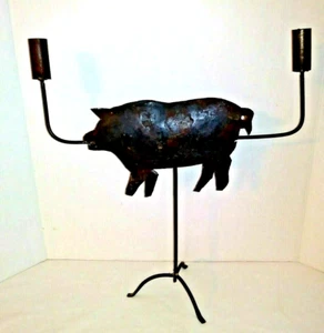Metal Iron Black Pig Candle Stick Holder Folk Art Primitive Handmade 17" Vintage - Picture 1 of 8