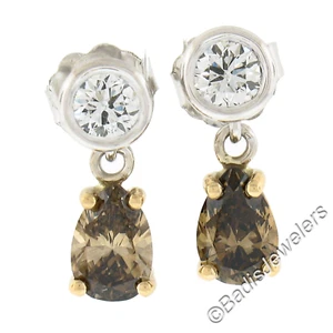 New 14K TT Gold 1.42ctw Fancy Brown & White Diamond Tear Drop Dangle Earrings - Picture 1 of 5