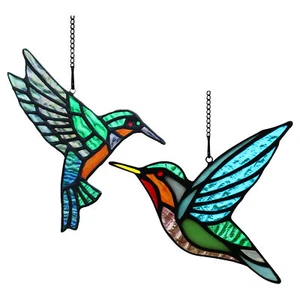 2 Pack Hummingbird Stained Glass Birds Window Hangings, Stained Glass Decoration - Picture 1 of 15