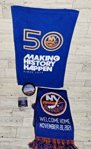 NY Islanders Welcome Home 11/20/21 UBS Opening Night Scarf, Pins, Puck, Towel Cover