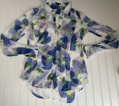 Blusa Theory Mujer 100% Seda Transparente Top Camisa Botón Floral Pequeña PP 1378 Foto 1 de 4
