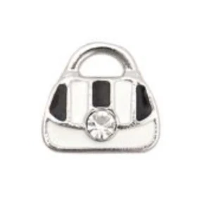 Origami Owl BLACK/WHITE STRIPED HANDBAG Floating Enamel Charm PURSE w/CRYSTAL - Picture 1 of 2