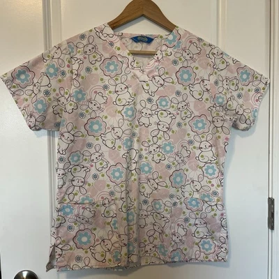 Uniform City Scrub Wear Easter Scrub Top Bunnies Floral Eggs Size M Pink White - Image 1 of 4