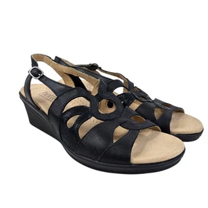 Hotter Wedge Slingback Sandals Black Leather Strappy Women's 6.5 England NWOB - Picture 1 of 12